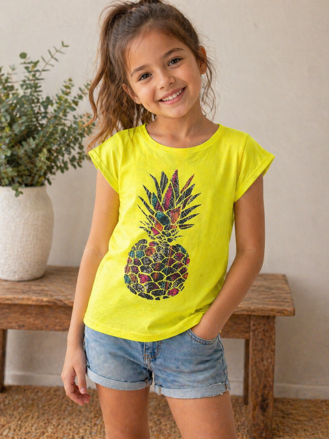 Camiseta Niña Piña Amarilla - modelo vista frontal