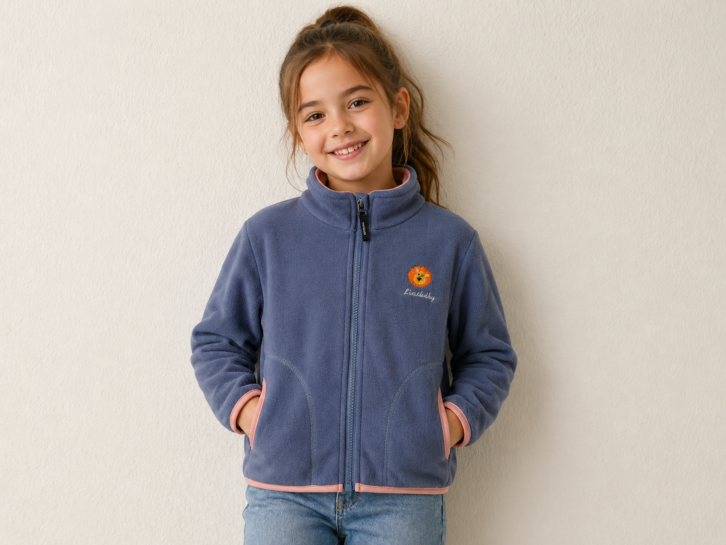 Chaqueta Polar Niña León Azul - modelo vista frontal