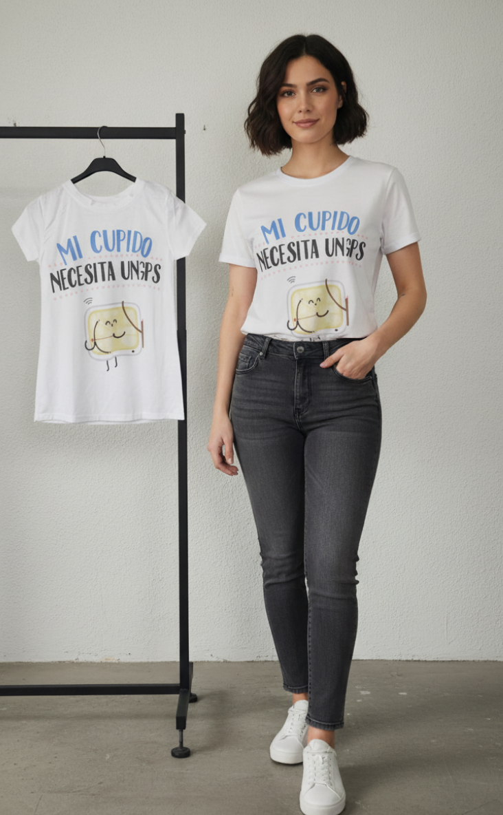 Camiseta Mi Cupido Necesita Ungps - modelo y percha