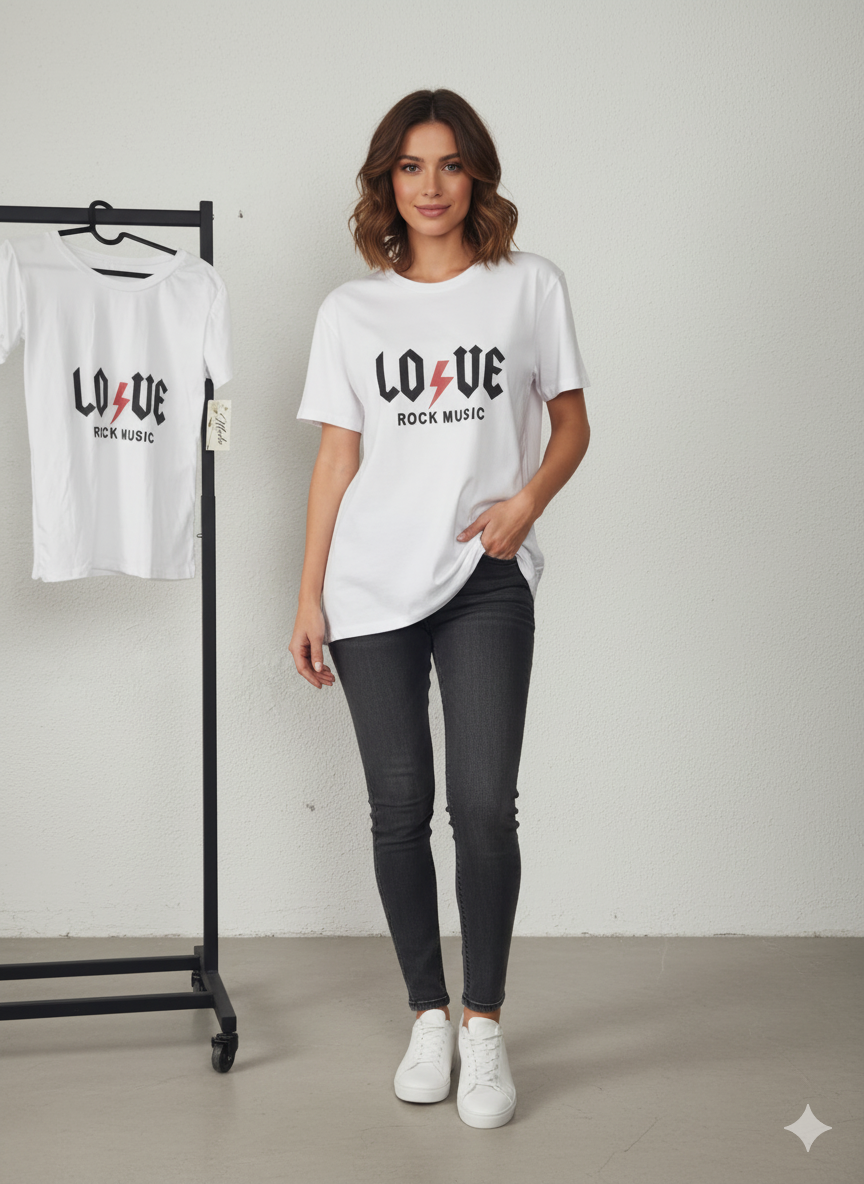 Camiseta Love Rock Music blanca - modelo vista frontal