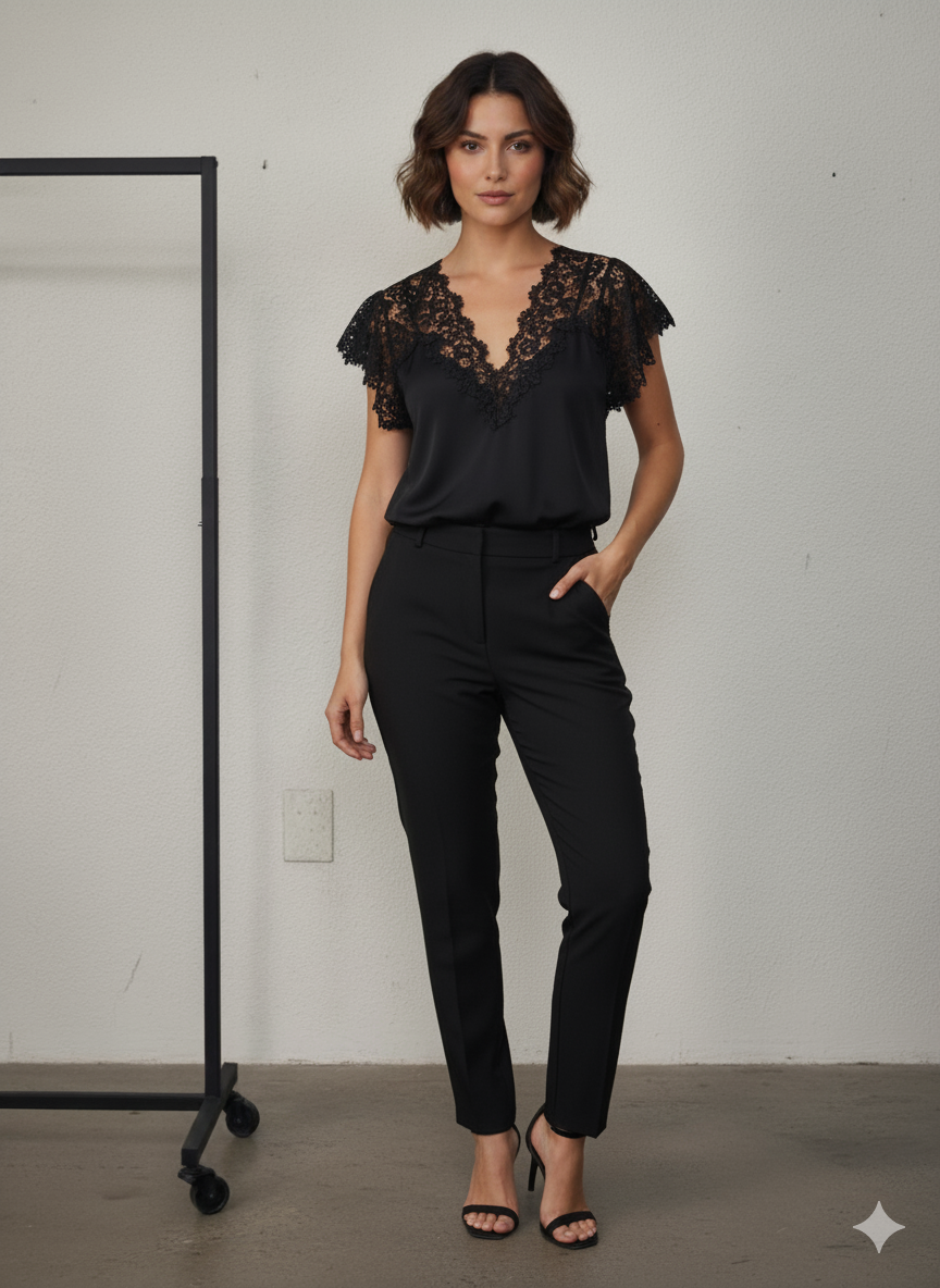 Camiseta Pili negra con encaje - modelo vista frontal